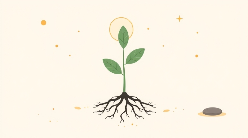 Stylizowana roślina o głębokich korzeniach osiąga światło, otoczona symbolami połączenia i stabilności.