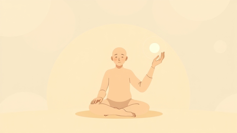 Osoba w uspokajającej, pastelowej ilustracji, trzymająca świecący orbiteck: symbol kontroli emocji.