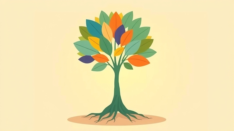 Stylizowana roślina z liśćmi symbolizującymi emocje, światło wzrostu i zrozumienia.