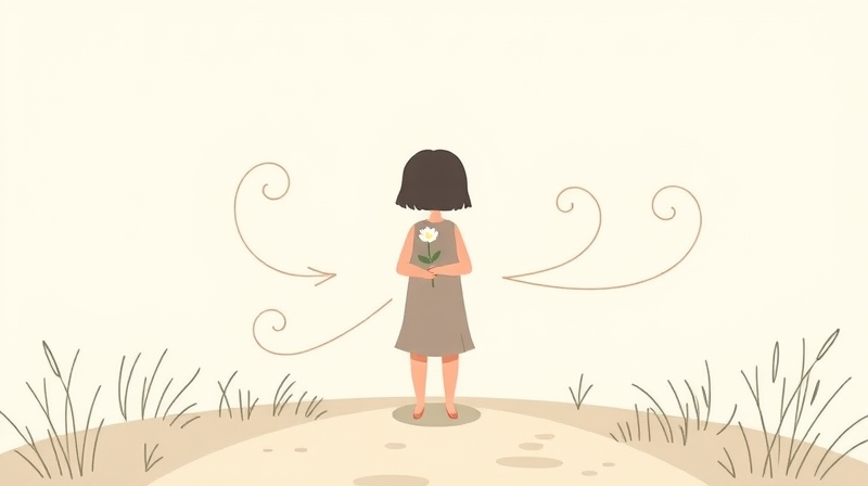 Spokojna postać z kwiatem na ścieżce, łagodnie odpycha obłe kształty.