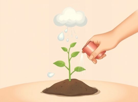 Delikatna ilustracja pastelowa: ręce podlewają sadzonkę pod opieką chmurki, symbol wsparcia.