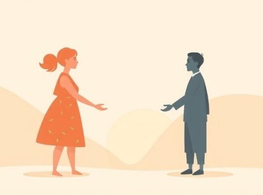 Symboliczne kształty "nas" i "ich" łączą się, ewoluując w kierunku zrozumienia i harmonii w pastelowych barwach.