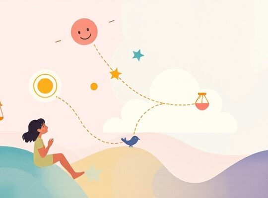 Abstrakcyjne pastelowe kształty i postacie z eterycznymi nićmi symbolizują psychologiczne wpływy reklam.