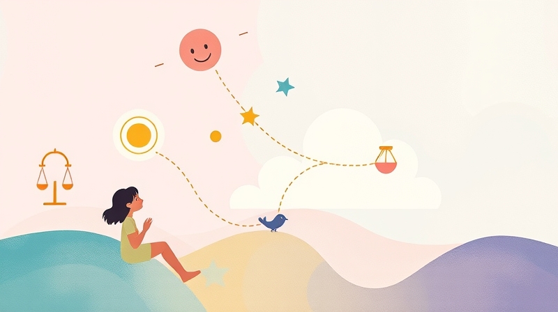 Abstrakcyjne pastelowe kształty i postacie z eterycznymi nićmi symbolizują psychologiczne wpływy reklam.