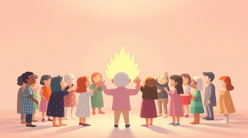 Stylizowany lider w pastelowej pastelowej harmonii grupy oświetla symboliczną formę.