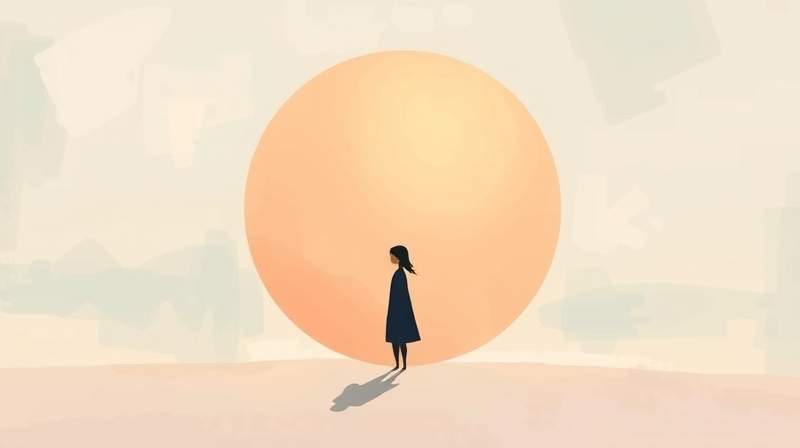 Wykluczona postać w stonowanych barwach, odseparowana od ciepłego kręgu pasteli.