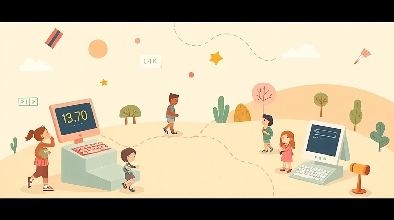 Subtelna, pastelowa ilustracja abstrakcyjnych elementów rywalizacji: ścieżka, stopnie, ranking.