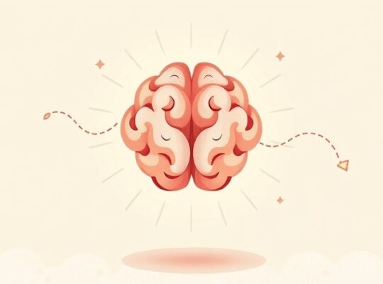 Ilustracja mózgu z błędnymi skrótami myślowymi i aurą fałszywej pewności.