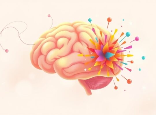 Stylizowany mózg z pastelowymi nićmi narracji, rozbłyskująca eksplozja kolorów.