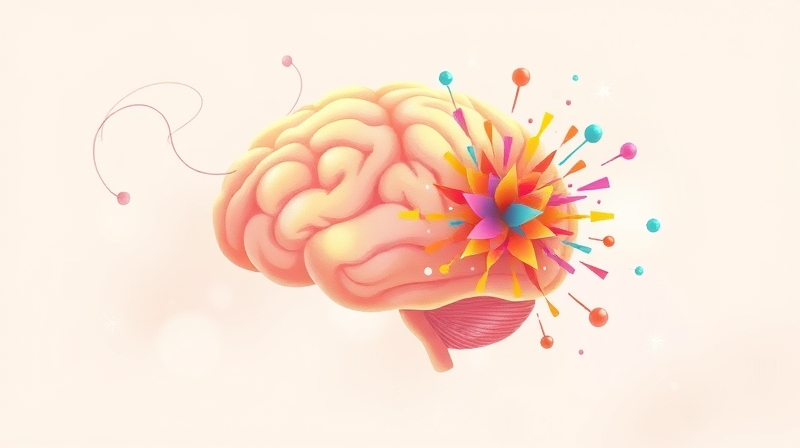 Stylizowany mózg z pastelowymi nićmi narracji, rozbłyskująca eksplozja kolorów.