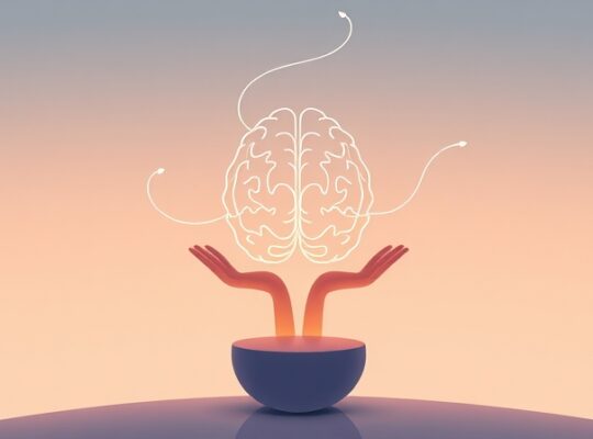 Stylizowana postać trzyma świecący mózg; płynne linie symbolizują równowagę.