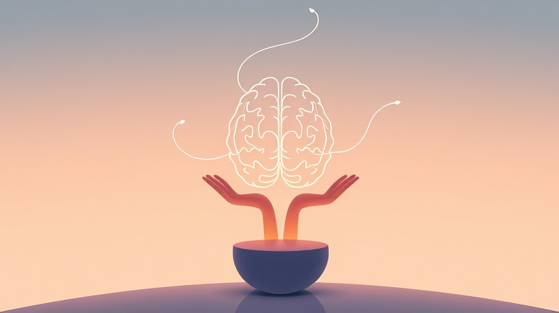 Stylizowana postać trzyma świecący mózg; płynne linie symbolizują równowagę.