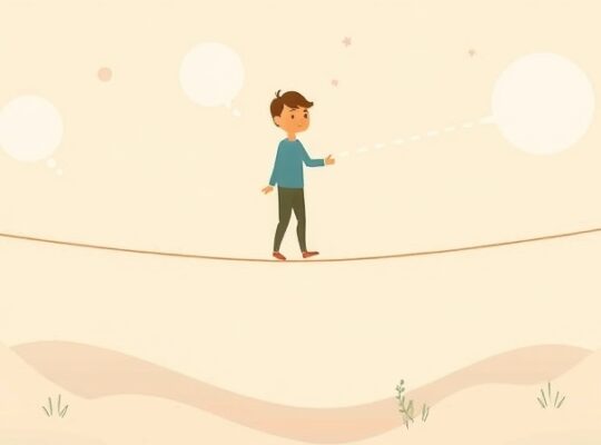 Osoba balansująca na linie z przezroczystych dymków, nad eterycznym krajobrazem.