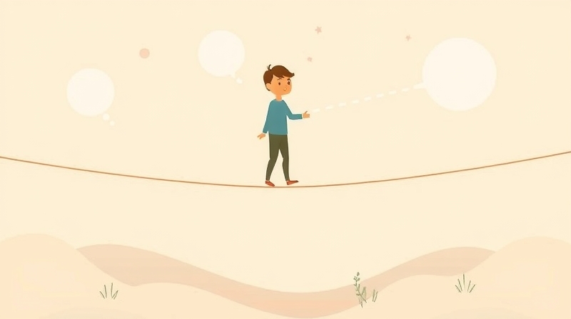 Osoba balansująca na linie z przezroczystych dymków, nad eterycznym krajobrazem.