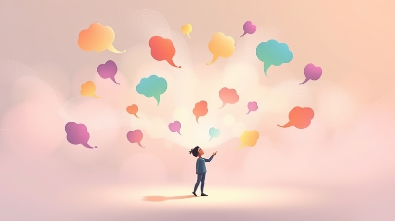 Delikatna postać w mglistym otoku kolorowych myśli innych ludzi, kontemplująca i naśladująca zrozumienie.