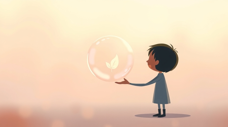 Stylizowana postać ostrożnie trzyma przejrzystą bańkę ze świecącym ziarnem.