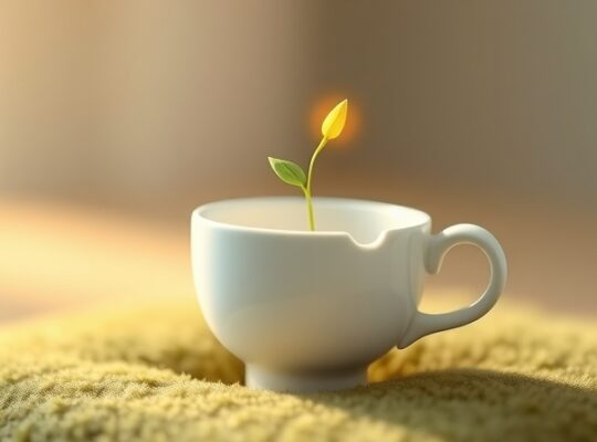 Delikatny, pastelowy kubek z kiełkującym nasionkiem, symbolizujący wewnętrzny wzrost po błędach.