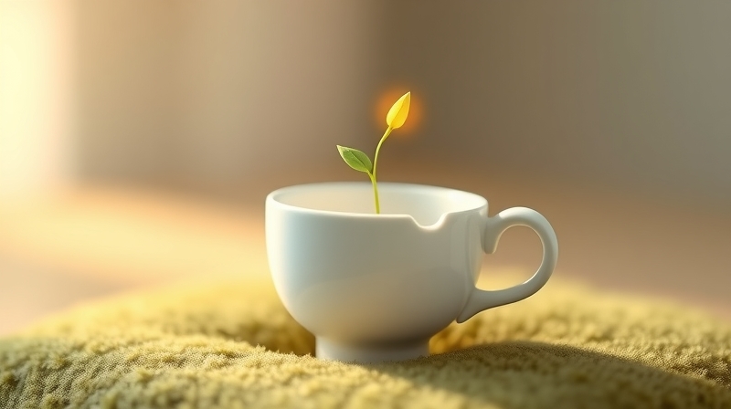 Delikatny, pastelowy kubek z kiełkującym nasionkiem, symbolizujący wewnętrzny wzrost po błędach.