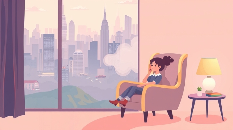Osoba odpoczywa w fotelu, mieszając miejską rzeczywistość z naturą, symbolizując spokój.
