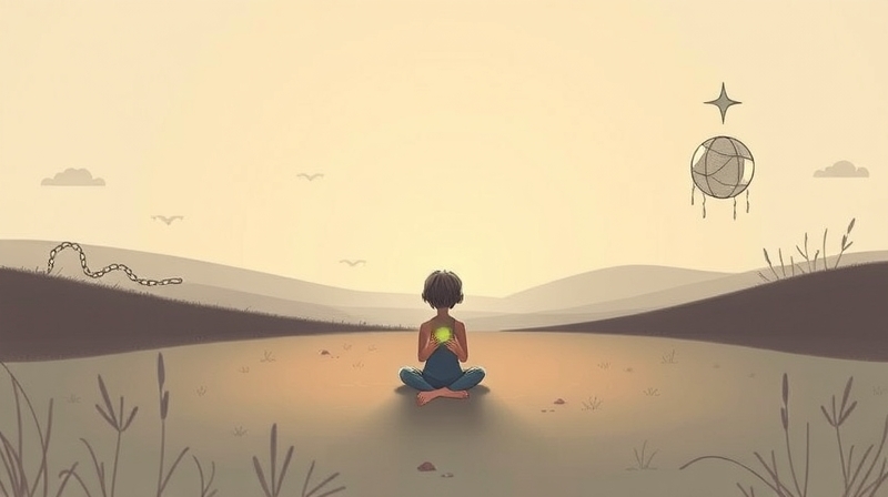 Delikatna, pastelowa ilustracja surrealistyczna: samotna postać pielęgnuje płonące światło.