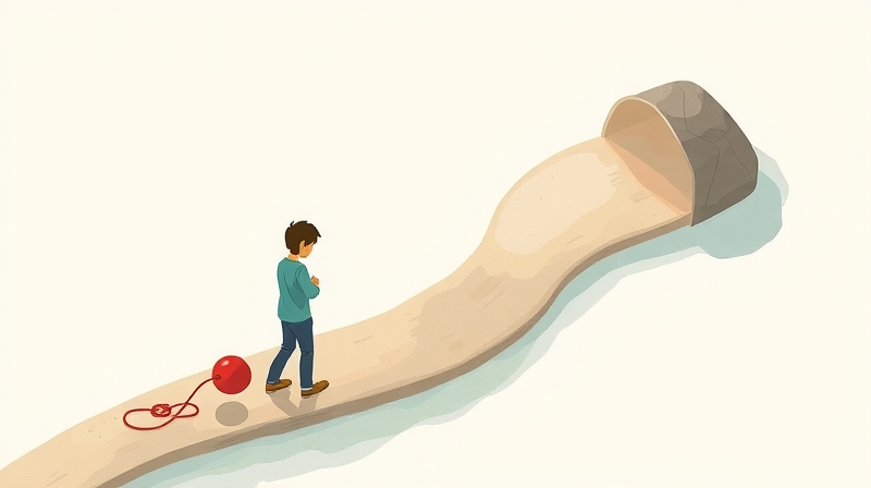 Łagodna ilustracja symboliczna: osoba pokonuje ścieżkę z drobnymi, kolorowymi przeszkodami.