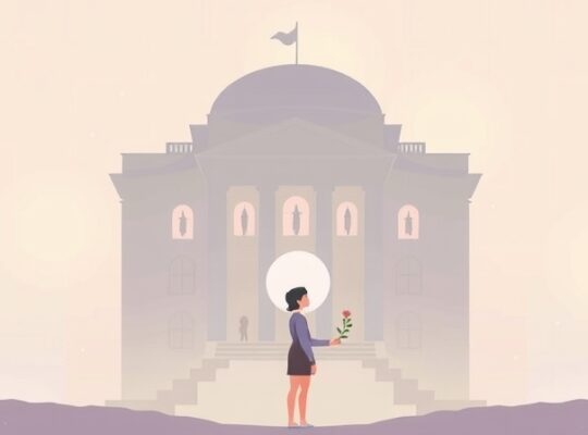 Kontemplacyjna postać trzyma rozświetloną roślinę przed majestatyczną budowlą.