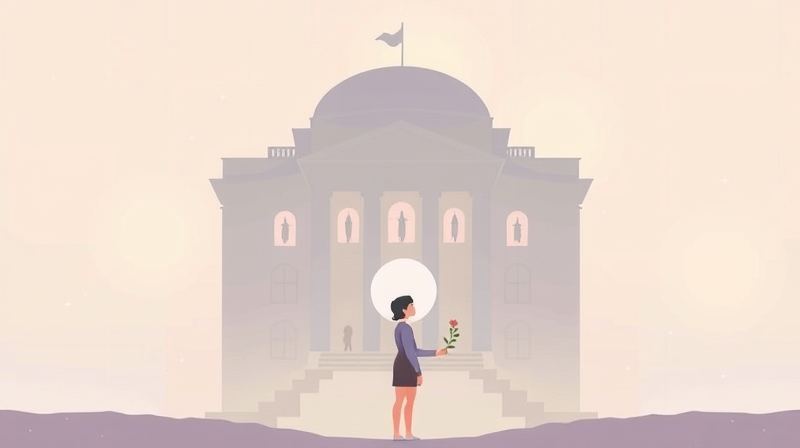 Kontemplacyjna postać trzyma rozświetloną roślinę przed majestatyczną budowlą.