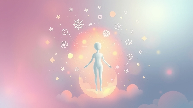 Eteryczna postać otoczona symbolami rozprzestrzeniającej się subtelnej, podświadomej fali wpływu.