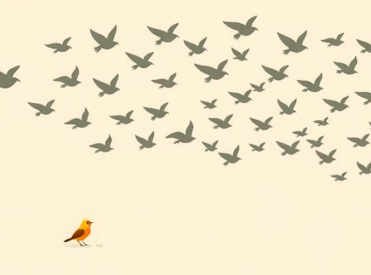 Mały, kolorowy ptak obserwuje z wahaniem stado identycznych ptaków w locie.