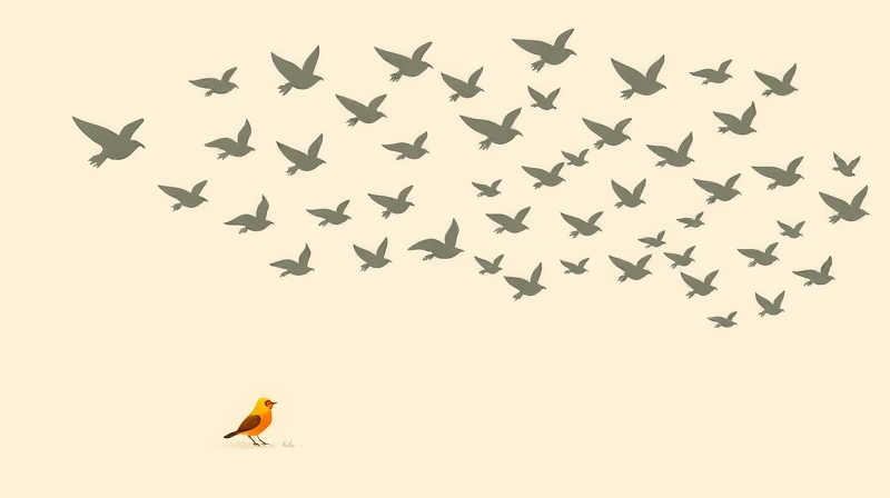 Mały, kolorowy ptak obserwuje z wahaniem stado identycznych ptaków w locie.