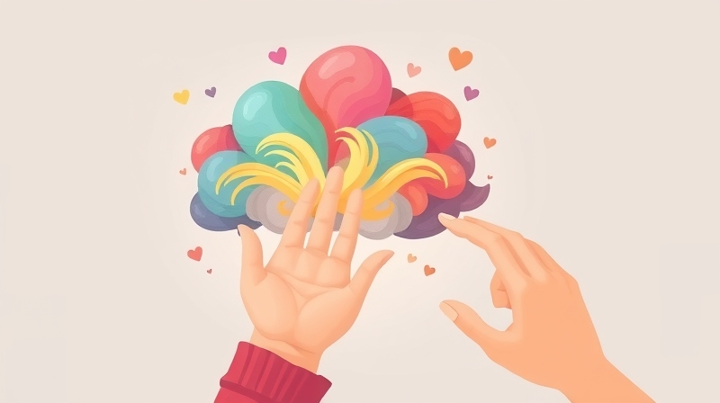 Dziecko trzyma chmurę emocji, dłoń dorosłego wspiera.