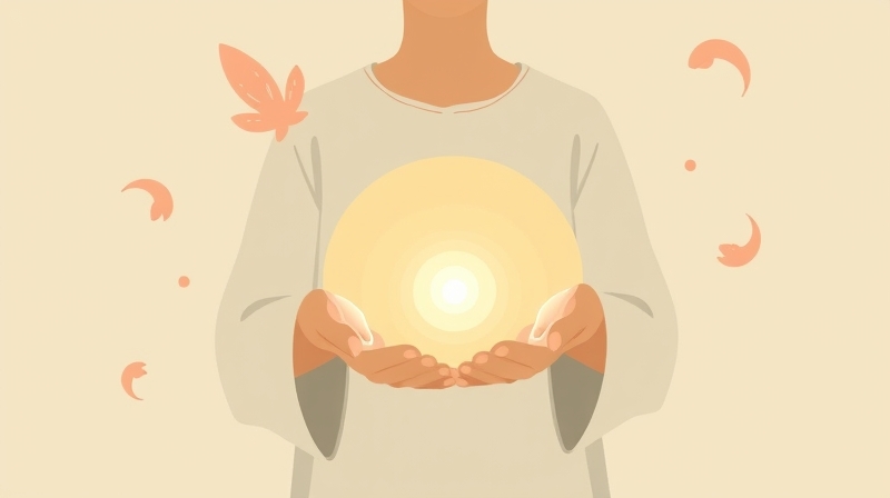 Rodzic z uspokajającą, promienną kulą światła w dłoni, otoczony łagodnymi, abstrakcyjnymi formami.