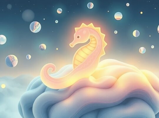 Hipokamp w kształcie seahorse'a, unoszący się w migocącym pejzażu wspomnień.