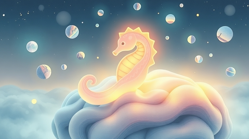 Hipokamp w kształcie seahorse'a, unoszący się w migocącym pejzażu wspomnień.