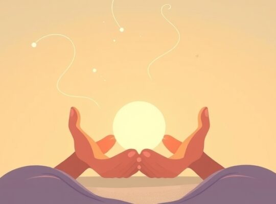 Spokojna ilustracja: osoba trzyma świecącą kulę światła, symbol równowagi, w pastelowym tle.