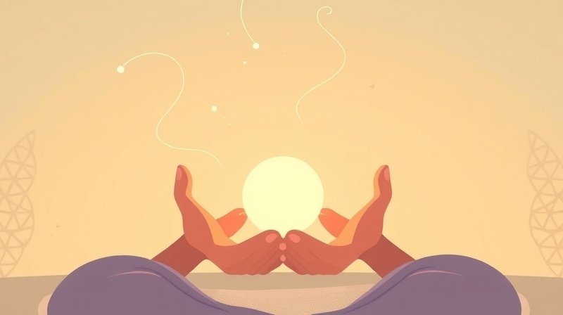 Spokojna ilustracja: osoba trzyma świecącą kulę światła, symbol równowagi, w pastelowym tle.