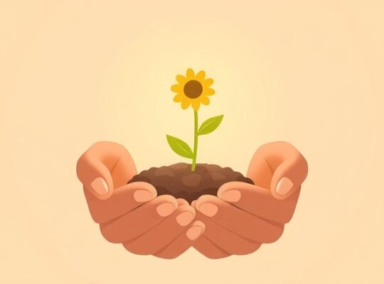 Ręce pielęgnujące świecące ziarno, które kiełkuje w barwny kwiat.