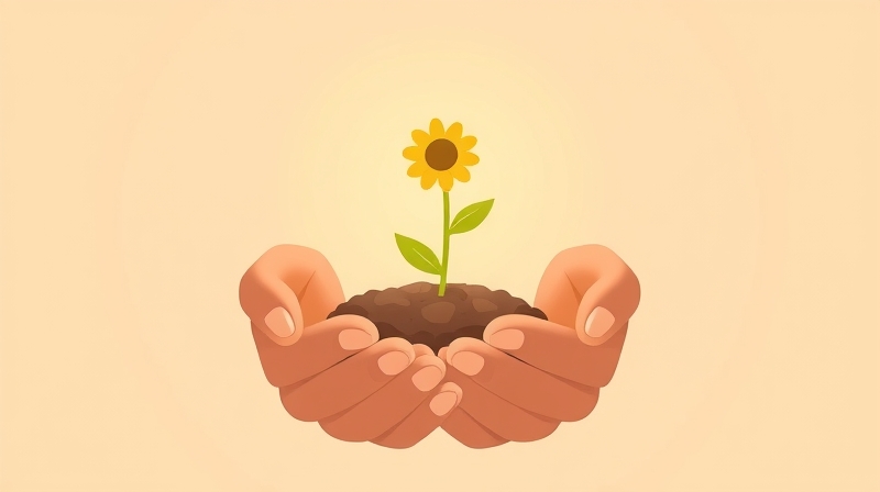 Ręce pielęgnujące świecące ziarno, które kiełkuje w barwny kwiat.