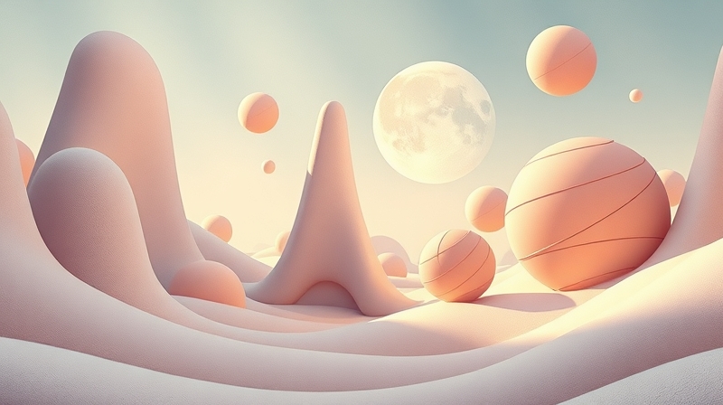 Senny krajobraz z abstrakcyjnymi kształtami emocji i geometrii.