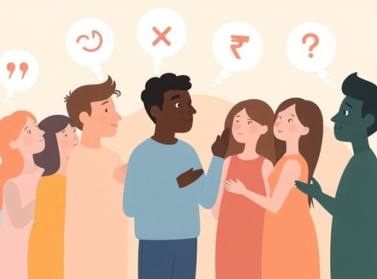 Abstrakcyjne, pastelowe postacie dzielą się symbolicznymi myślami, symbolizując różnice zdań.