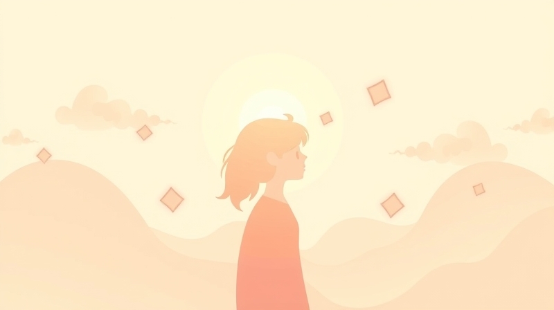 Stylizowana postać w otoczeniu geometrycznych kształtów, symbolizujących cechy i spostrzeganie.