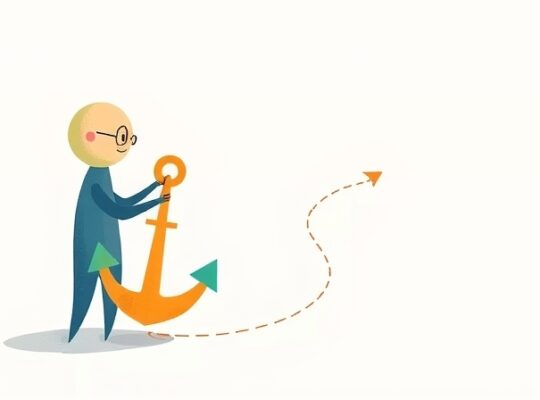 Przyjazne postacie w pastelach negocjują przy kotwicy wpływając na ścieżkę.