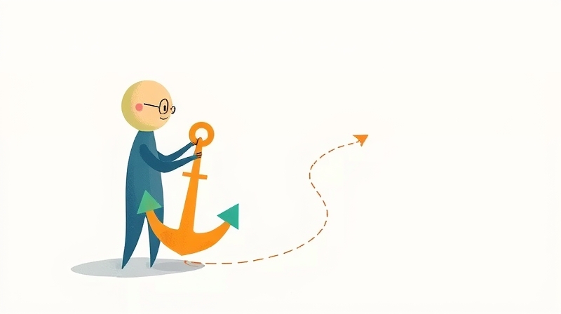 Przyjazne postacie w pastelach negocjują przy kotwicy wpływając na ścieżkę.