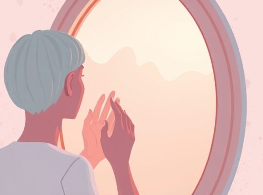 Ludzie analizujący swoje zniekształcone odbicie w surrealistycznym, pastelowym lustrze.