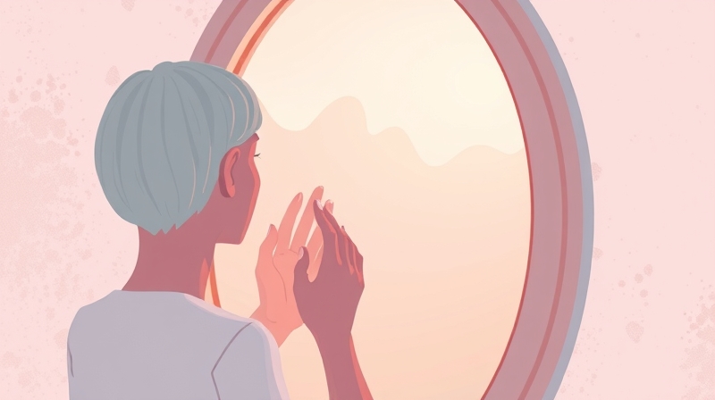 Ludzie analizujący swoje zniekształcone odbicie w surrealistycznym, pastelowym lustrze.