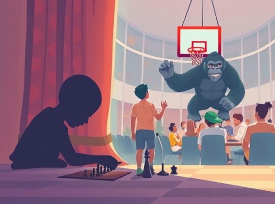 Senny goryl i niedostrzeżony szachista – ilustracja o uwadze.