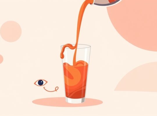 Iluzja smaku: pomarańczowy płyn zmienia się w truskawkowy w szklance z oczami.