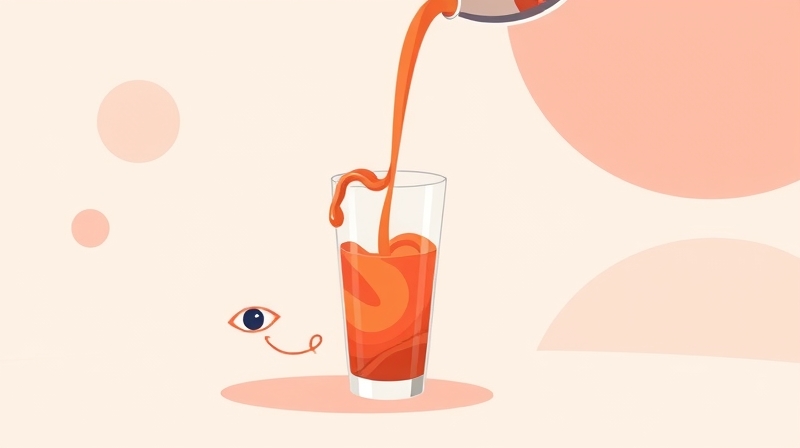 Iluzja smaku: pomarańczowy płyn zmienia się w truskawkowy w szklance z oczami.