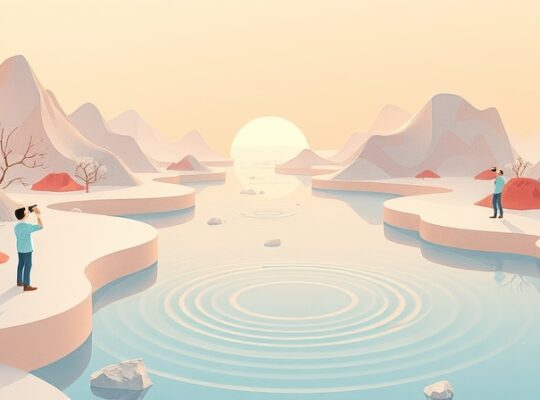 Płynąca rzeka czasu z geometrycznych kształtów, ludzie obserwują iluzje ruchome.