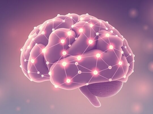 Abstrakcyjna sieć neuronowa pastelowymi barwami symbolizuje przetworzenie sygnałów bólu w korze somatosensorycznej.